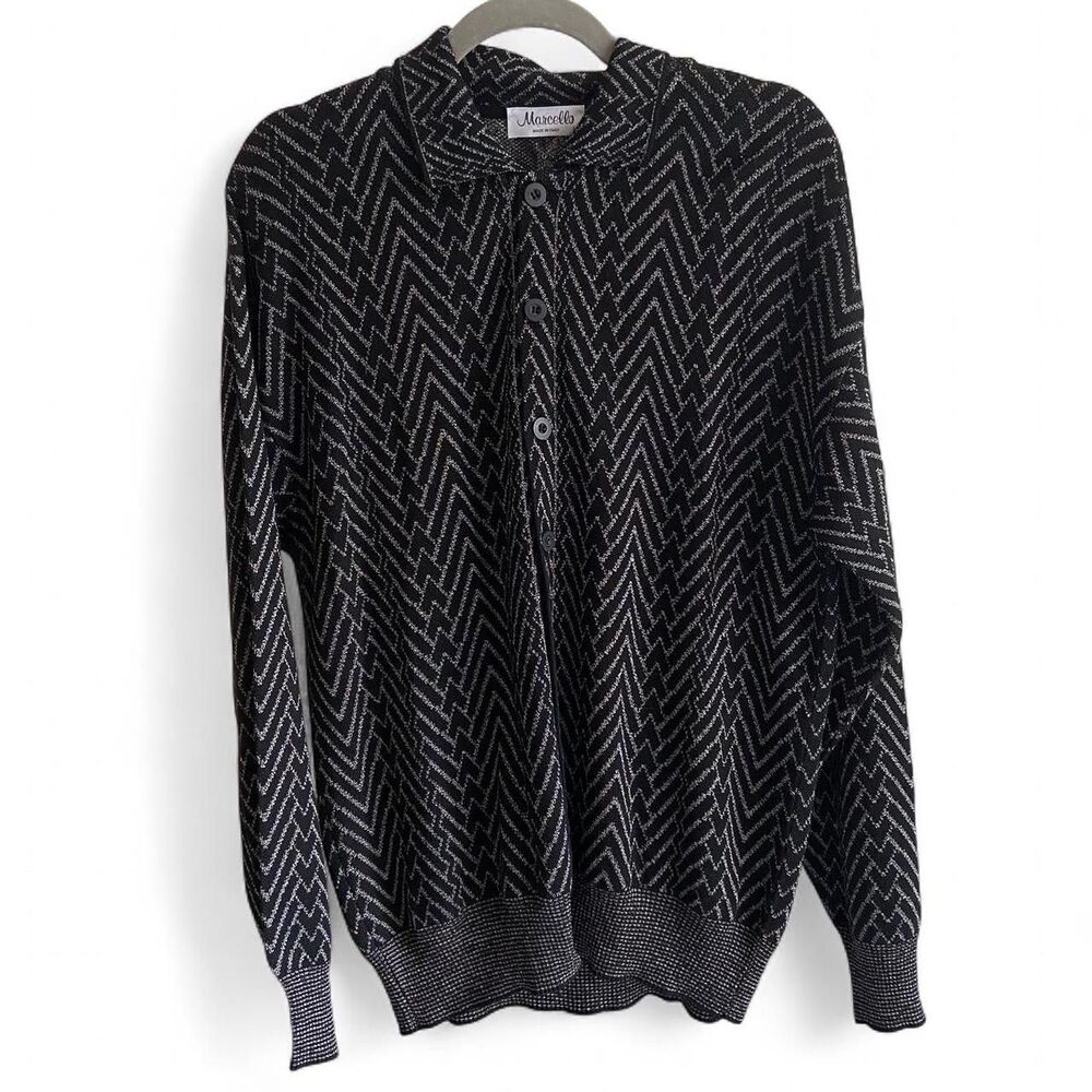 Vintage 90s Marcello Black and white chevron pattern knit sweater blazer size L